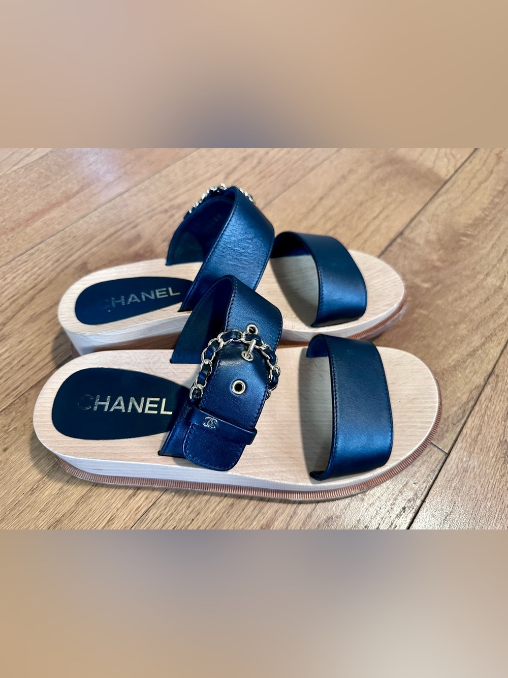 CHANEL Black Leather Double-Strap Sandals with Chain Detail